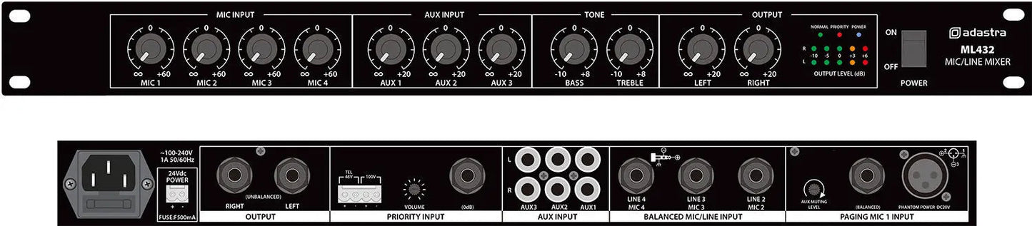 Adastra ML432 4mic+3aux rack mixer 1U